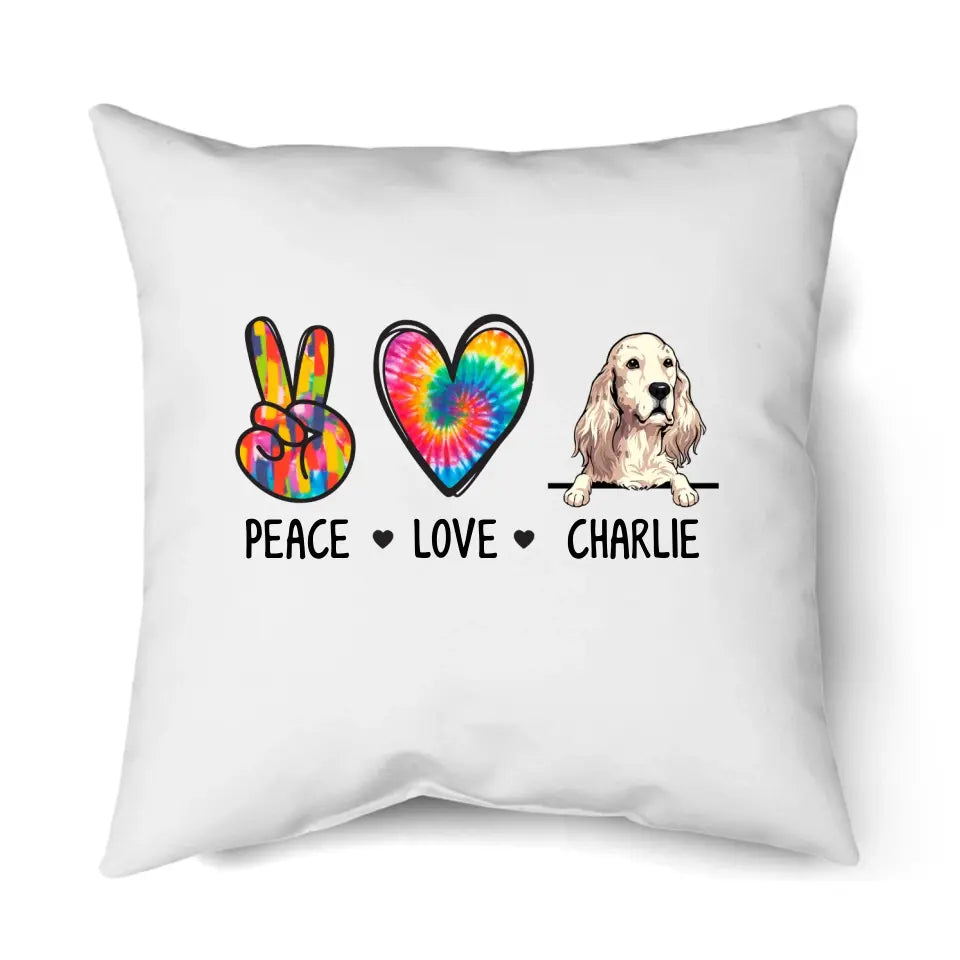 Peace Love Dog, Tie Dye - Personalized Dog Breeds Pillow